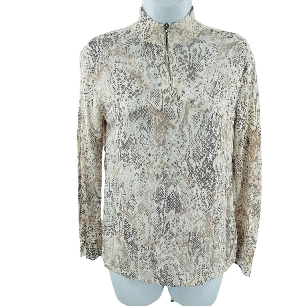 Chicos Cream Gray Snakeskin Slinky Jersey Knit 1/4 Zip Long Slv Pullover Top S